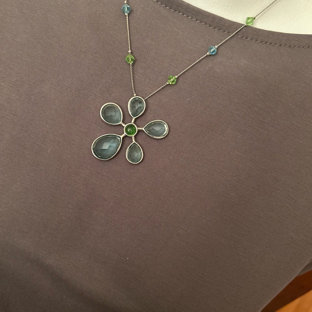 Green and Blue Floral Pendant Necklace in Silver